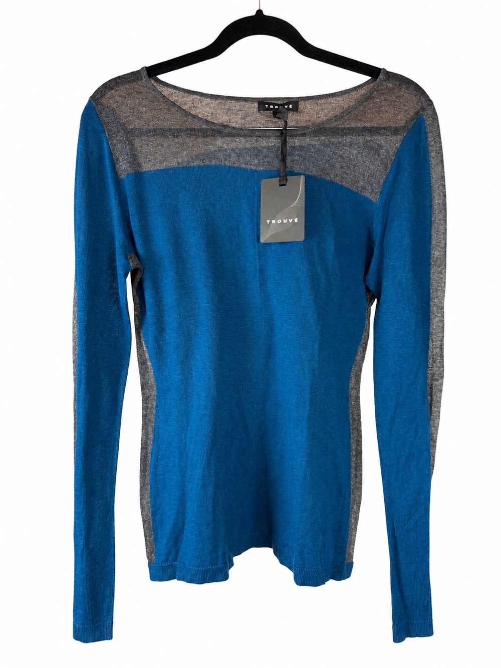Trouve Blue and Gray Long Sleeve Colorblock Top